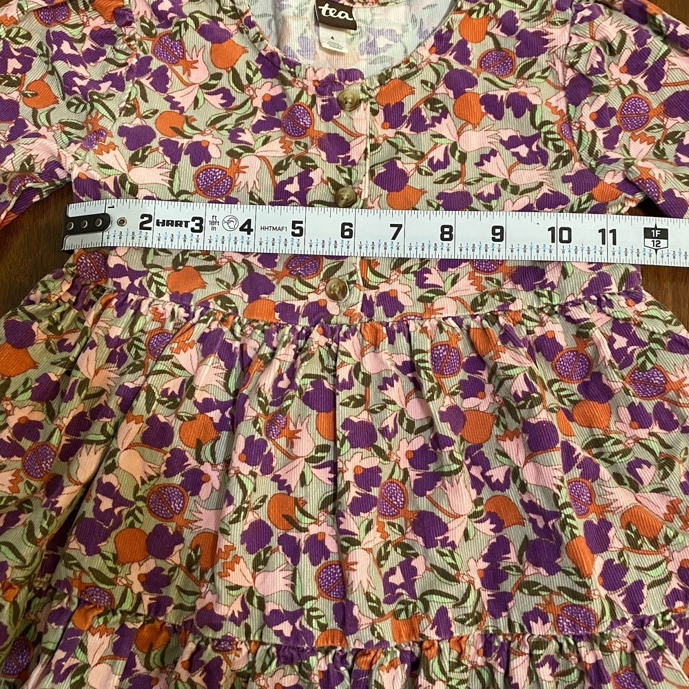 Tea Collection Girls 4 Floral Corduroy Dress Fall Tiered Long Sleeve Cottagecore - Picture 4 of 7